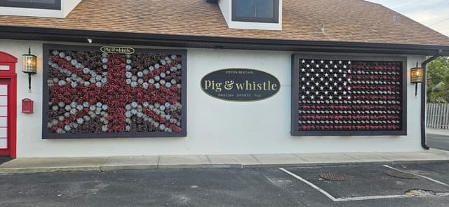 pig and whistle living flower flag wall, british and american flags