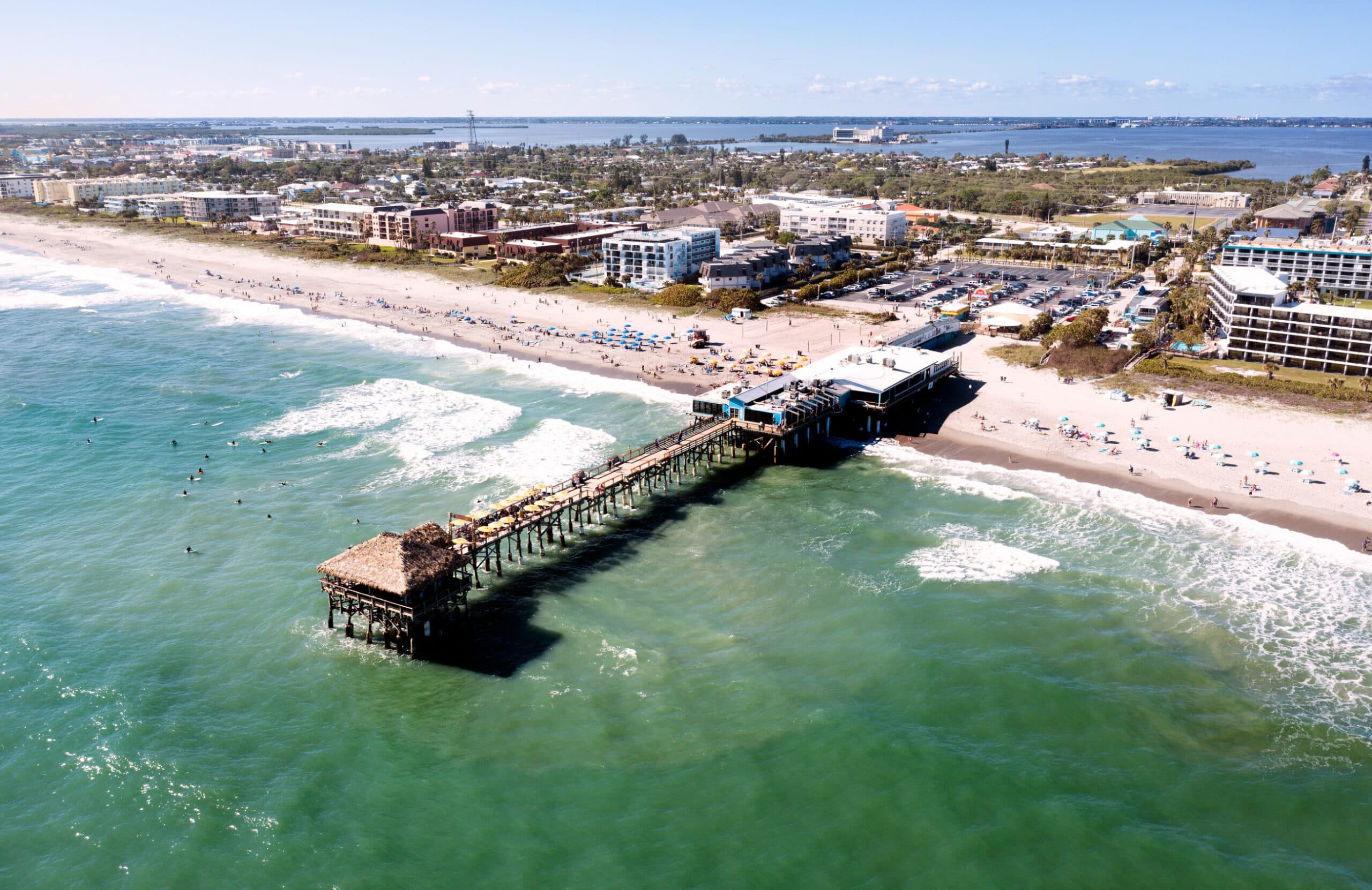 Aerial view of Cocoa beach pier, Florida. USA Jan 2023